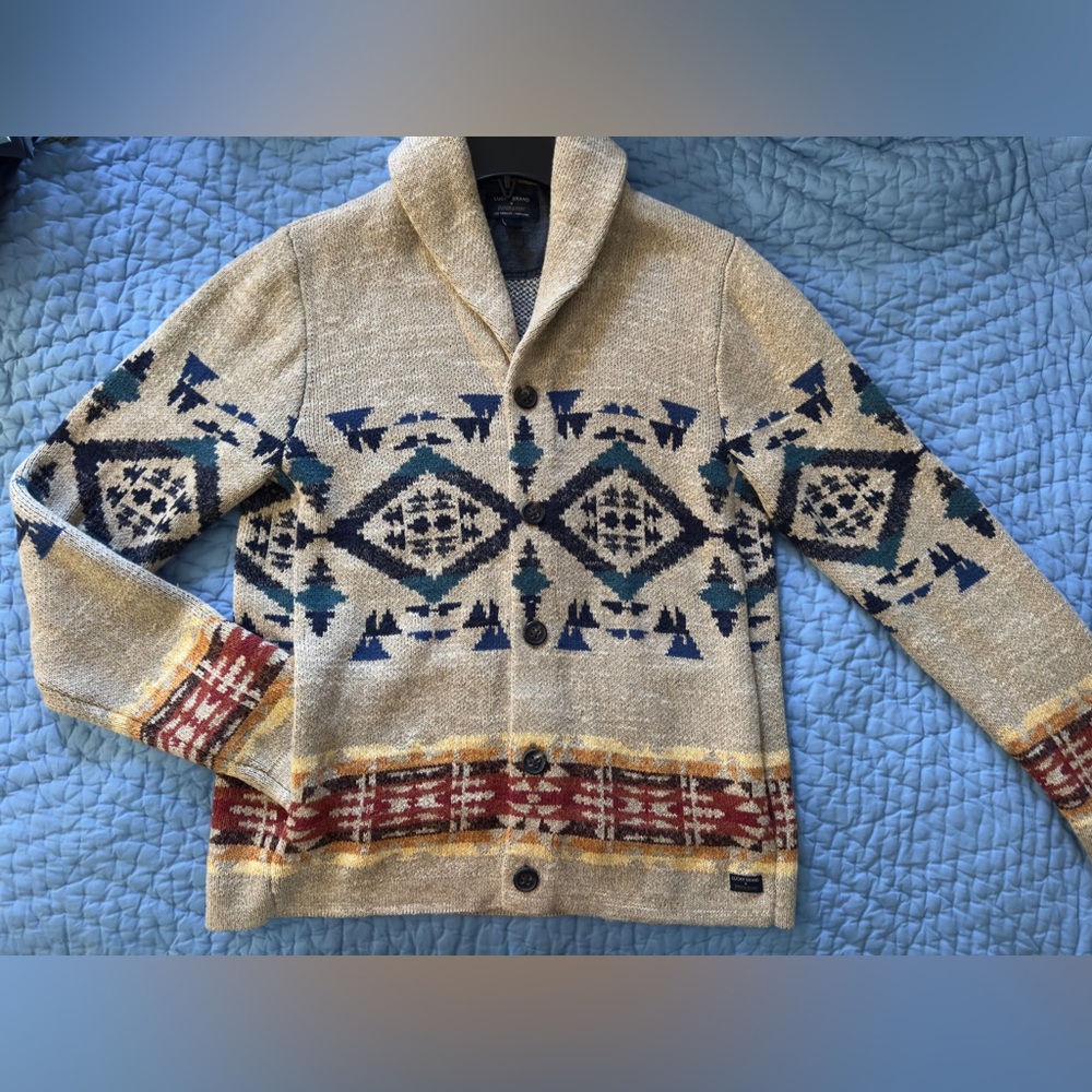 Pendleton x Lucky Brand Beige Shawl Collar Cardigan w Navy, Teal, Rust, Brick
